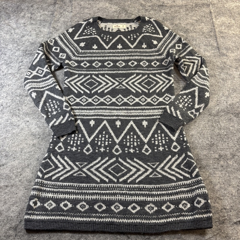 Hollister Sweater Dress Women's Medium Gray & White Geometric Tribal Fair Isle